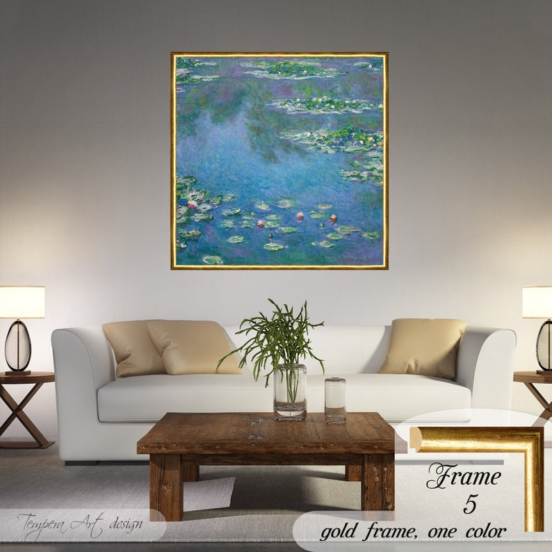 Water Lilies by Claude Monet. Printed on a high-quality cotton canvas. The print comes in a wooden golden frame with a cracked gold effect and it’s ready to hang.