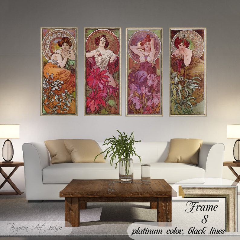 Gemstones by Alphonse Mucha. Printed on a high-quality cotton canvas. The print comes in a wooden platinum color frame with thin black lines and it’s ready to hang.