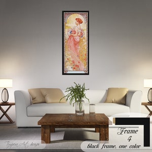 Summer by Alphonse Mucha. Printed on a high-quality cotton canvas. The print comes in a wooden black frame and it’s ready to hang.