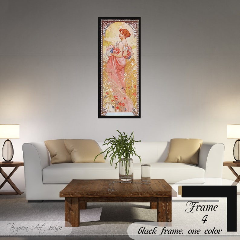 Summer by Alphonse Mucha. Printed on a high-quality cotton canvas. The print comes in a wooden black frame and it’s ready to hang.