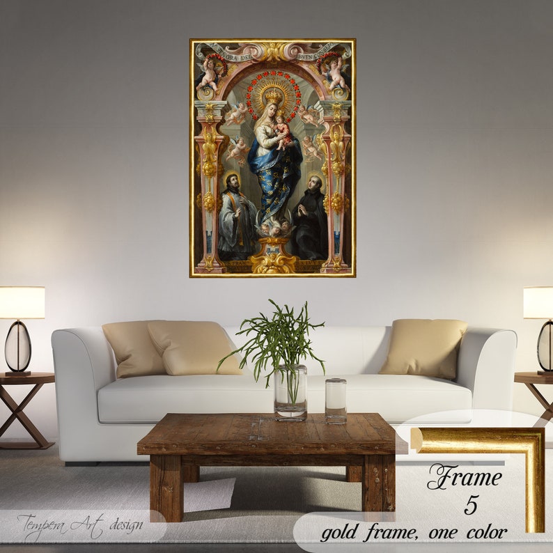 Our Lady of Good Counsel by Bartolome Perez on a high-quality cotton canvas. The print comes in a wooden golden frame with a cracked gold effect and it’s ready to hang.