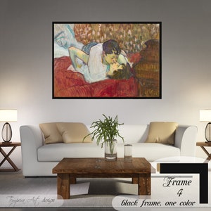 In Bed The Kiss by Henri de Toulouse Lautrec on a high-quality cotton canvas. The print comes in a wooden black frame and it’s ready to hang.