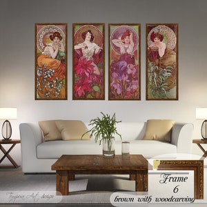 Gemstones by Alphonse Mucha. Printed on a high-quality cotton canvas. The print comes in a wooden brown frame with a woodcarving effect and it’s ready to hang.