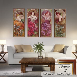 Gemstones by Alphonse Mucha. Printed on a high-quality cotton canvas. The print comes in a wooden red frame with a thin golden edge and it’s ready to hang.