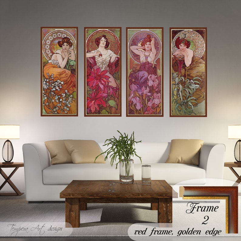 Gemstones by Alphonse Mucha. Printed on a high-quality cotton canvas. The print comes in a wooden red frame with a thin golden edge and it’s ready to hang.