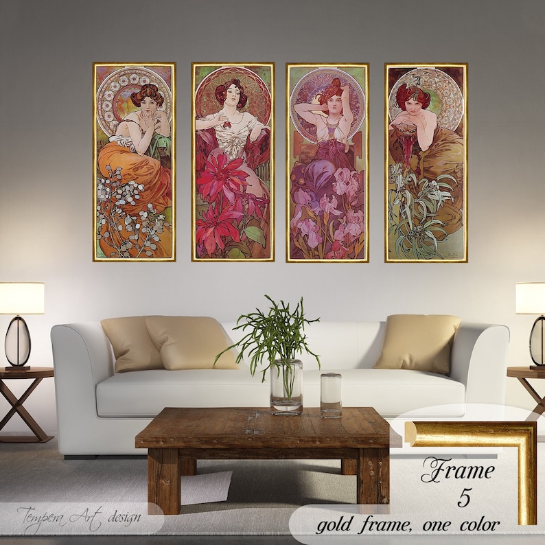 Gemstones by Alphonse Mucha. Printed on a high-quality cotton canvas. The print comes in a wooden golden frame with a cracked gold effect and it’s ready to hang.