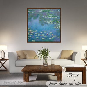 Water Lilies by Claude Monet. Printed on a high-quality cotton canvas. The print comes in a wooden brown frame it’s ready to hang.