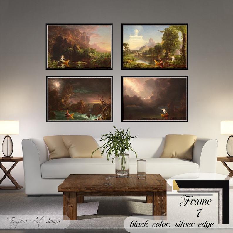 Childhood, Youth, Manhood and Old Age by Thomas Cole. Printed on a high-quality cotton canvas. The print comes in a wooden black frame with a thin silver edge and it’s ready to hang.