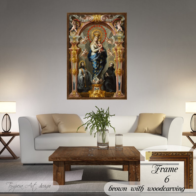 Our Lady of Good Counsel by Bartolome Perez on a high-quality cotton canvas. The print comes in a wooden brown frame with a woodcarving effect and it’s ready to hang.
