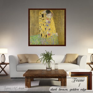 The Kiss by Gustav Klimt. Printed on a high-quality cotton canvas. The print comes in a wooden brown frame with a thin golden edge and it’s ready to hang.