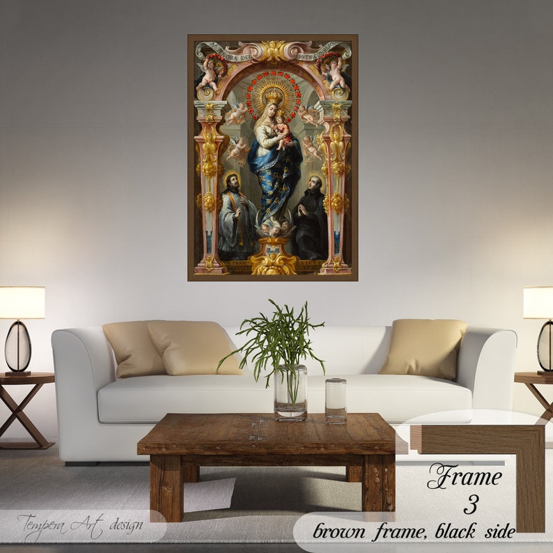 Our Lady of Good Counsel by Bartolome Perez on a high-quality cotton canvas. The print comes in a wooden brown frame with black sides and it’s ready to hang.