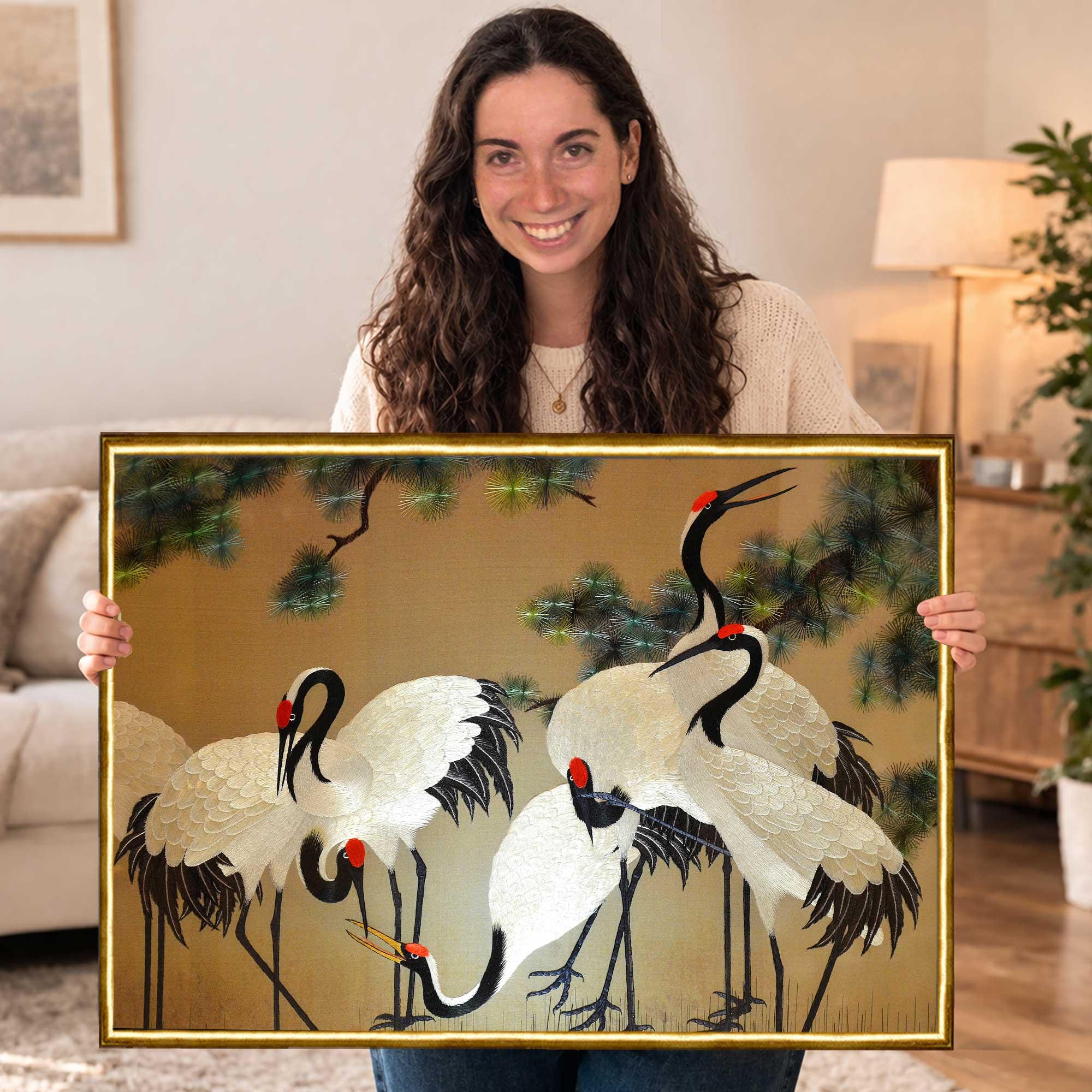 中国産の鶴のキャンバスプリント：アジアの鳥のウォールアート、木製 