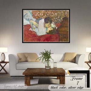 In Bed The Kiss by Henri de Toulouse Lautrec on a high-quality cotton canvas. The print comes in a wooden black frame with a thin silver edge and it’s ready to hang.