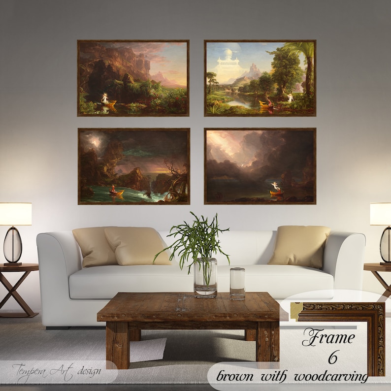 Childhood, Youth, Manhood and Old Age by Thomas Cole. Printed on a high-quality cotton canvas. The print comes in a wooden brown frame with a woodcarving effect and it’s ready to hang.