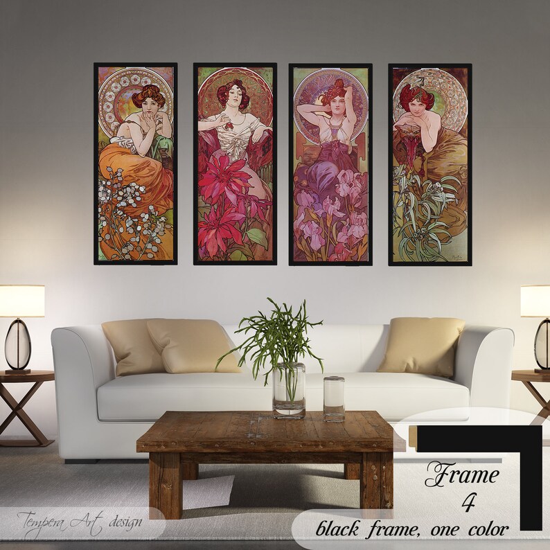 Gemstones by Alphonse Mucha. Printed on a high-quality cotton canvas. The print comes in a wooden black frame and it’s ready to hang.