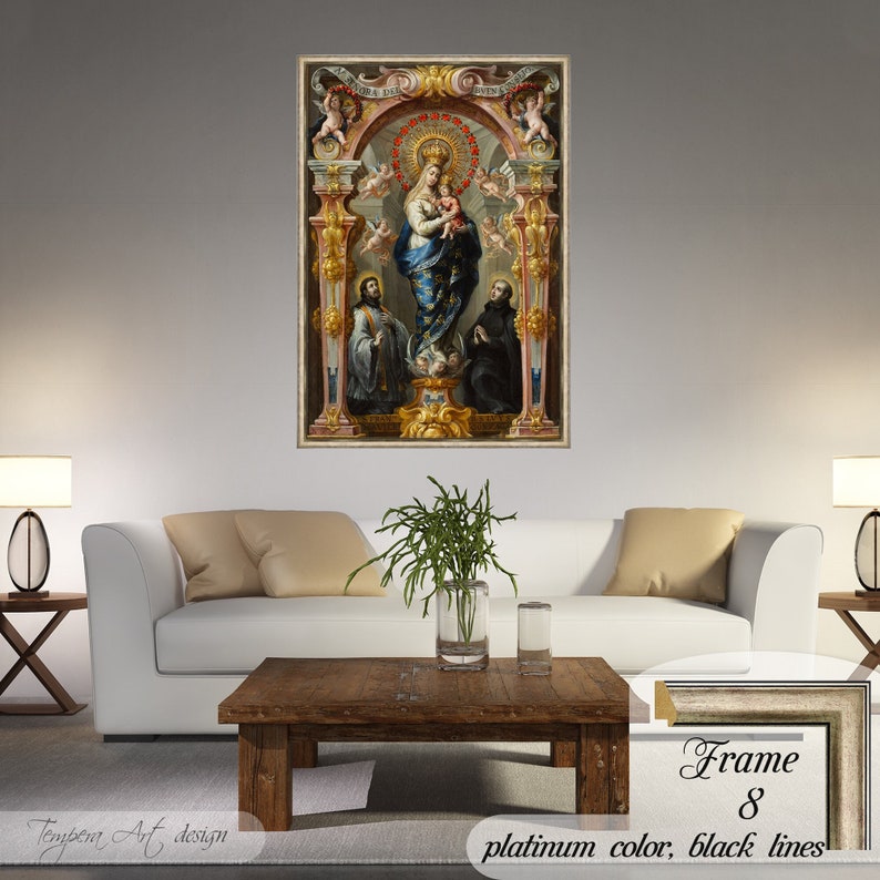 Our Lady of Good Counsel by Bartolome Perez on a high-quality cotton canvas. The print comes in a wooden platinum color frame with thin black lines and it’s ready to hang.