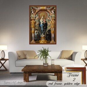 Our Lady of Good Counsel by Bartolome Perez on a high-quality cotton canvas. The print comes in a wooden red frame with a thin golden edge and it’s ready to hang.