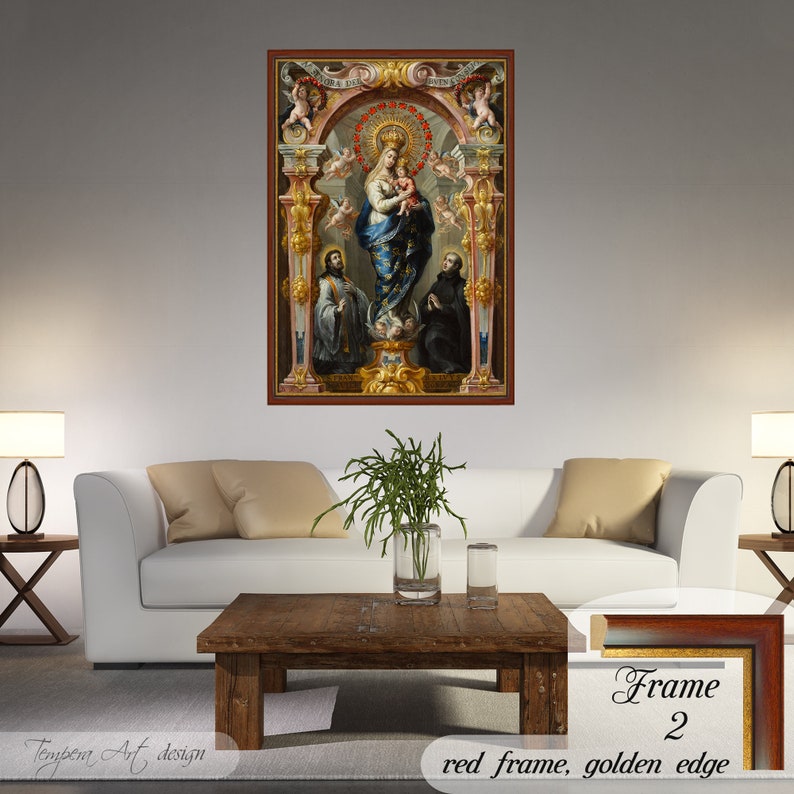 Our Lady of Good Counsel by Bartolome Perez on a high-quality cotton canvas. The print comes in a wooden red frame with a thin golden edge and it’s ready to hang.