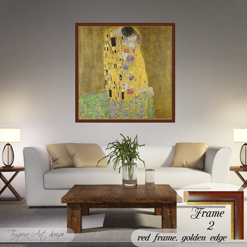 The Kiss by Gustav Klimt. Printed on a high-quality cotton canvas. The print comes in a wooden red frame with a thin golden edge and it’s ready to hang.