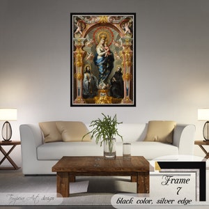 Our Lady of Good Counsel by Bartolome Perez on a high-quality cotton canvas. The print comes in a wooden black frame with a thin silver edge and it’s ready to hang.