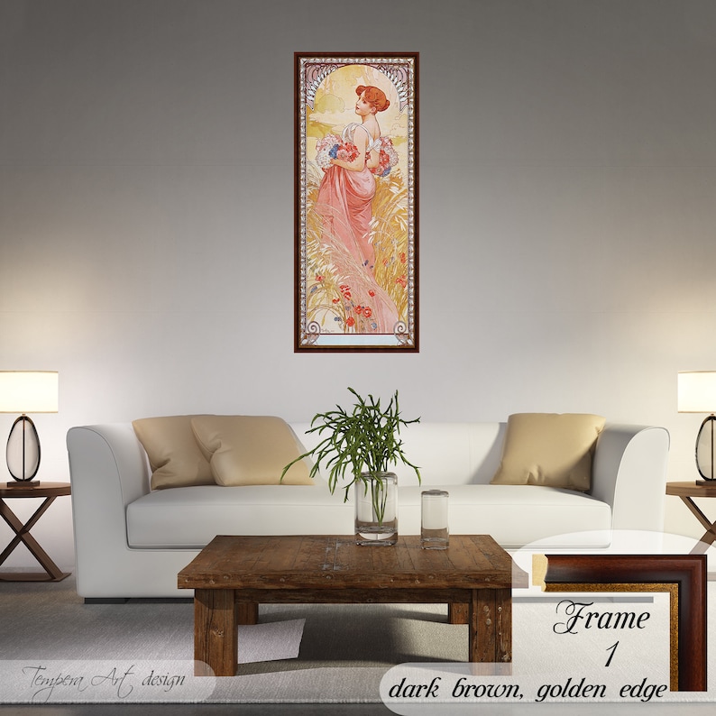 Summer by Alphonse Mucha. Printed on a high-quality cotton canvas. The print comes in a wooden brown frame with a thin golden edge and it’s ready to hang.