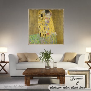 The Kiss by Gustav Klimt. Printed on a high-quality cotton canvas. The print comes in a wooden platinum color frame with thin black lines and it’s ready to hang.