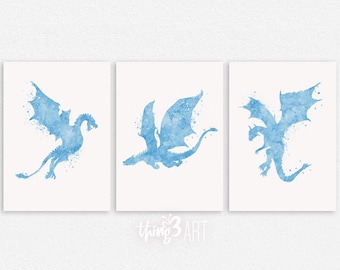Pastel Dragon Watercolor Art Prints - Set of 3 - Nursery Decor