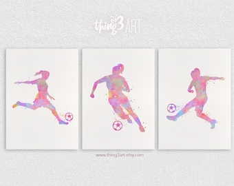 Female Soccer Player Watercolour Art - Set of 3 Prints  - Soccer Watercolour Poster - Female Soccer Art - Sports Room Wall Art