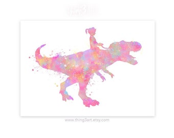 Little Girl Riding T-Rex Pastel Rainbow Watercolour Print - Girl and Dinosaur Prints - Dinosaur Poster - Nursery Wall Decor Girls Room Decor