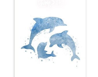 May include: Watercolour painting of three blue dolphins in a playful pose. The dolphins are silhouetted against a white background.