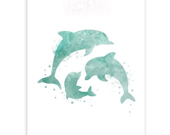 May include: Watercolour painting of three teal blue dolphins swimming in a circle. The dolphins are silhouetted against a white background.