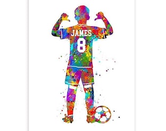 Personalised Soccer Prints for Boys - Boy Soccer Player Watercolour Art Print - Football Print - Sports Room Decor - Soccer Art Decor