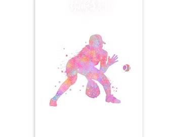 Softball Female Player Watercolour Art Print, Softball Watercolour Poster, Softball Art, Gift for Daughter, Sports Room Wall Art, Softball
