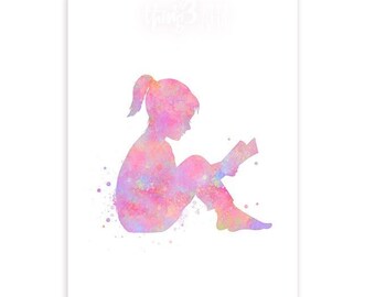 Girl Reading Watercolor Art Print: Book Lover Gift
