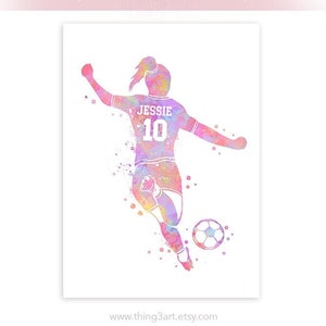 Personalised Soccer Prints for Girls Girl Soccer Player Watercolour Art Print Soccer Print Sports Room Decor Soccer Art Decor image 1
