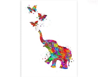 Baby Elephant Chasing Butterflies Watercolour Art Print - Elephant Watercolour Art - Elephant Portrait - Elephant Artwork - Elephant Art