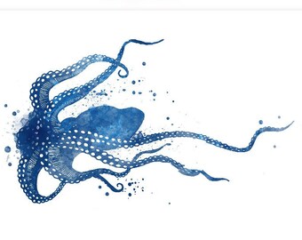 Oktopus Aquarell Kunstdruck: Küsten Wanddeko