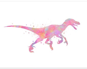 Pink Velociraptor Watercolor Art Print - Dinosaur Portrait