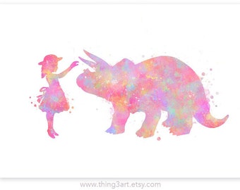 Little Girl and Triceratops Pastel Rainbow Watercolour Print,Girl and Dinosaur Prints, Dinosaur Poster, Nursery Wall Decor Girls Room Decor