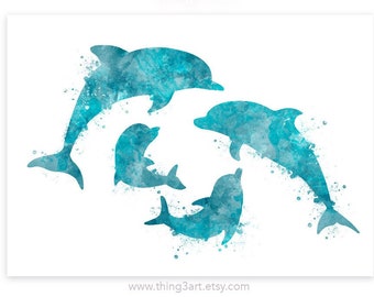 May include: Watercolour painting of four blue dolphins jumping in a circle. The dolphins are silhouetted against a white background with blue watercolour splatters.