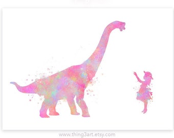 Pastel Rainbow Brachiosaurus Print: Girl and Dinosaur Nursery Decor