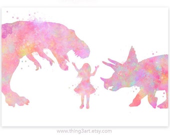 May include: A watercolor painting of a girl standing between a pink Tyrannosaurus Rex and a pink Triceratops. The dinosaurs are facing each other and the girl is looking at the Triceratops. The background is white.