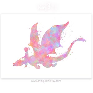 Dragon and Girl Pastel Rainbow Watercolour Art Print, Flying Dragon Art Prints, Pink Dragon Poster, Nursery Wall Decor , Girls Room Decor