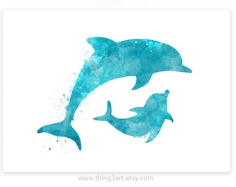 May include: Watercolour painting of two blue dolphins leaping out of the water. The larger dolphin is in the foreground and the smaller dolphin is behind it. The dolphins are silhouetted against a white background.