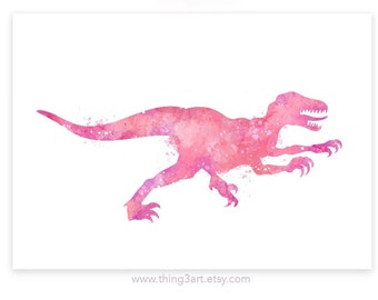 Stampa artistica ad acquerello di Velociraptor: ritratto di dinosauro, decorazione per la cameretta delle bambine