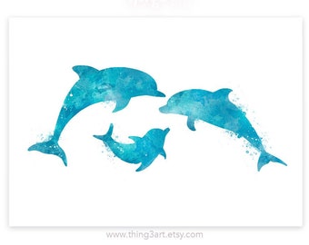 May include: Watercolour painting of three blue dolphins leaping out of the water. The dolphins are silhouetted against a white background.