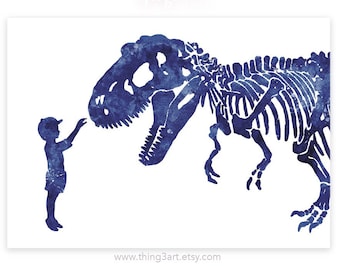 Boy and T-Rex Watercolour Print: Dinosaur Nursery Wall Art