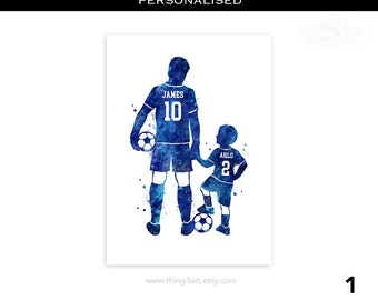 Personalisierter Vater und Sohn Fußball Drucke - Jungen Fußballspieler Aquarell Kunstdruck - Fußball Druck - Vatertagsgeschenk - Geschenk für Sohn