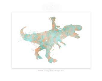 Kleines Mädchen reitet auf T-Rex, Pastell-Orange-Teal-Aquarelldruck – Mädchen- und Dinosaurier-Drucke – Dinosaurier-Poster – Kinderzimmer-Dekoration, Mädchenzimmer-Dekoration