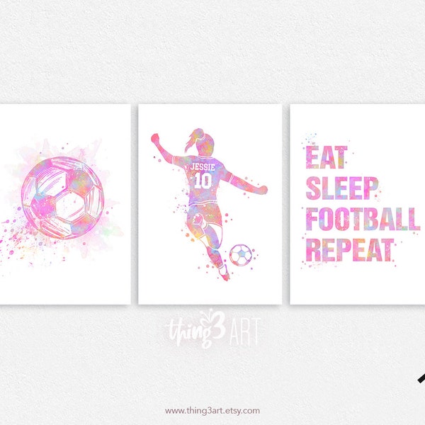 Personalised Soccer Prints for Girls, Set of 3 Prints, Girl Soccer Player Watercolour Art Print, Pink Football Print, Football Room Decor